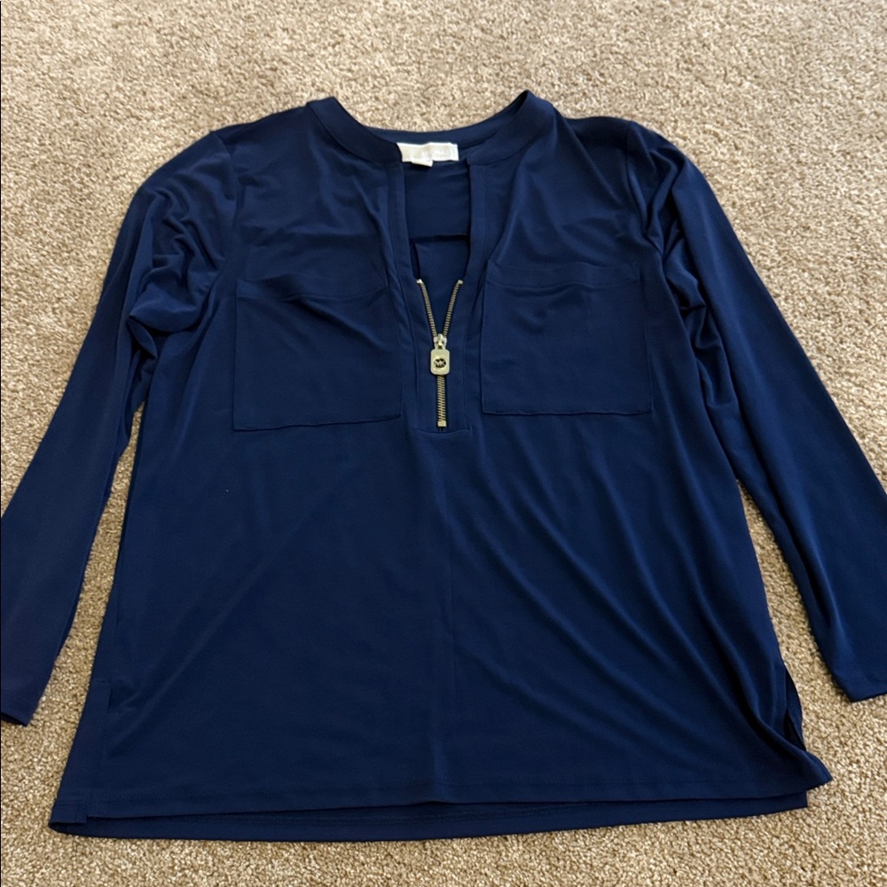 Michael Kors Deep Blue Blouse with Gold Accent